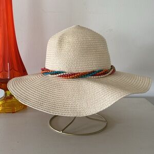 Boho Wide Brim Straw Sun Hat with Multicolored Beads